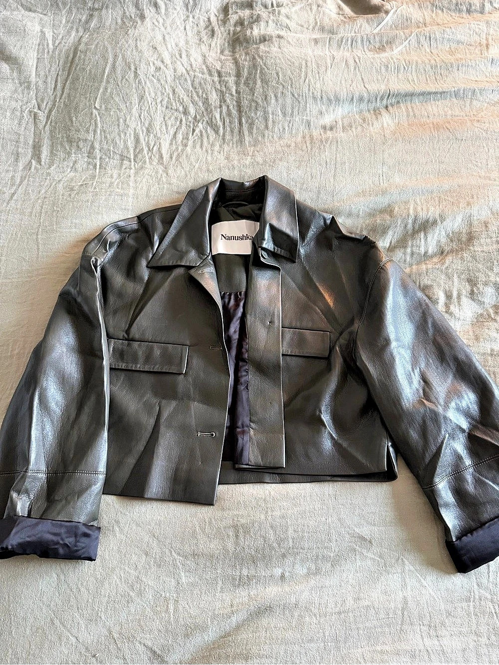 Nanushka Cropped Leather Jacket in Black Like New